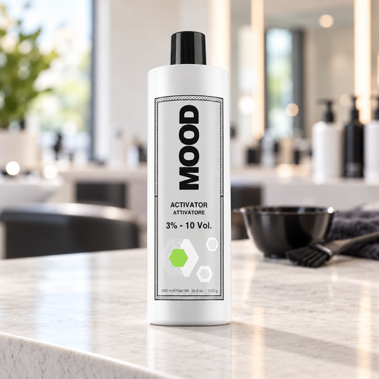 MOOD 10 Vol (3%) Activator 1L bottle on a salon colour preparation counter