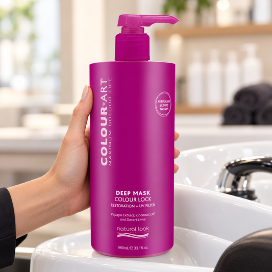 Natural Look ColourArt Deep Mask 980ml pump bottle held beside a salon wash basin
