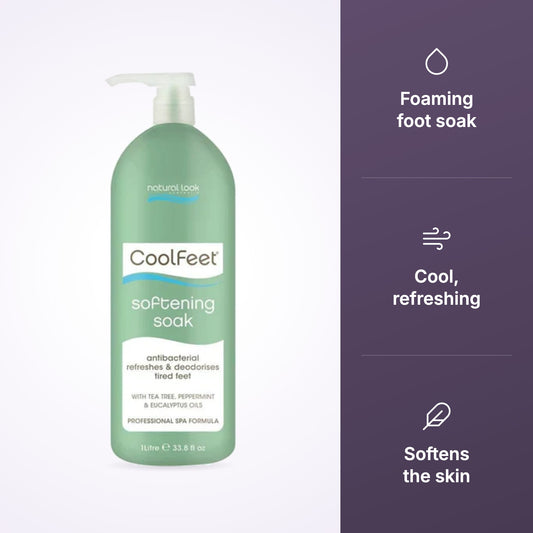 Natural Look Cool Feet Softening Soak with foaming, cooling and softening icons