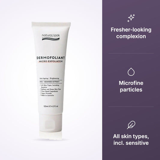 Natural Look Dermofoliant Micro Exfoliator 125ml key benefits infographic