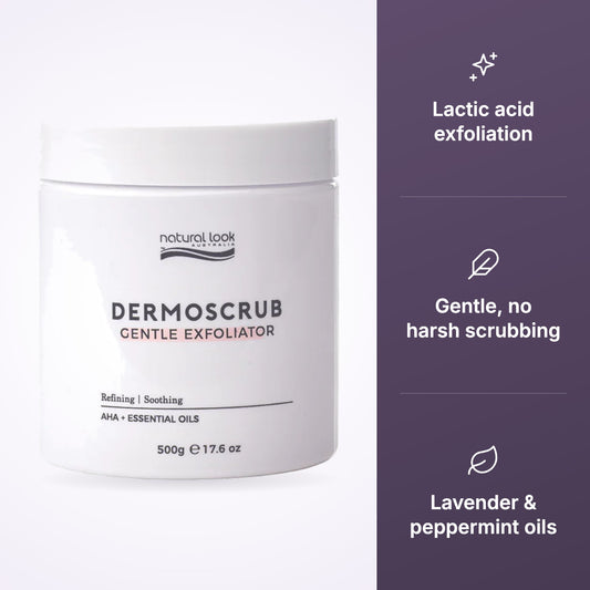 Natural Look Dermoscrub Gentle Exfoliator 125ml key benefits infographic