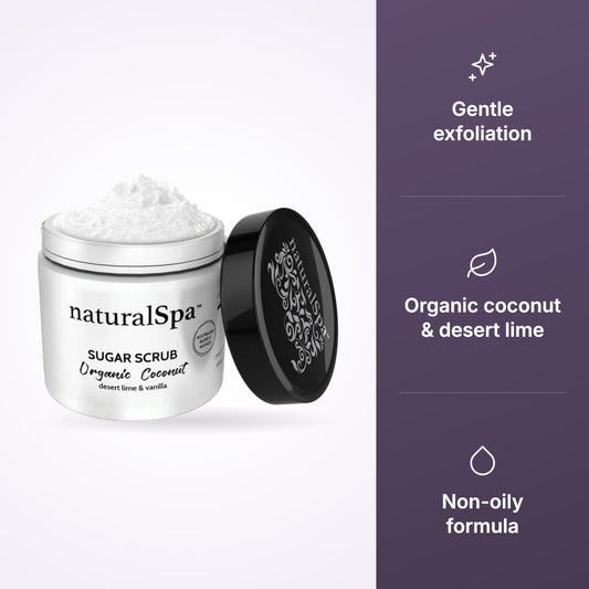 Natural Look NaturalSpa Organic Coconut Sugar Scrub 500g key benefits infographic