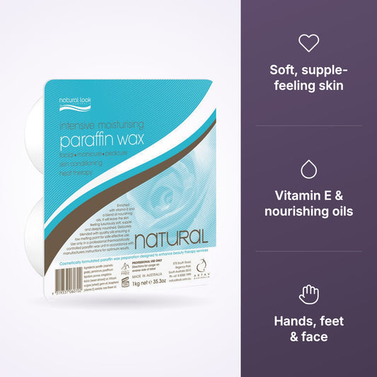Natural Look Natural paraffin wax with soft skin, vitamin E and hands-feet-face icons