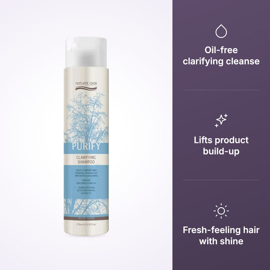 Natural Look Purify Clarifying Shampoo features: oil-free clarifying cleanse, lifts product build-up, fresh-feeling hair with shine