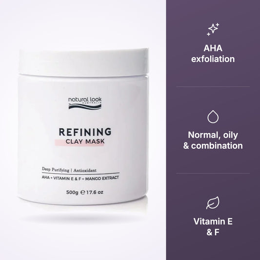 Natural Look Skincare Refining Clay Mask 125ml key benefits infographic