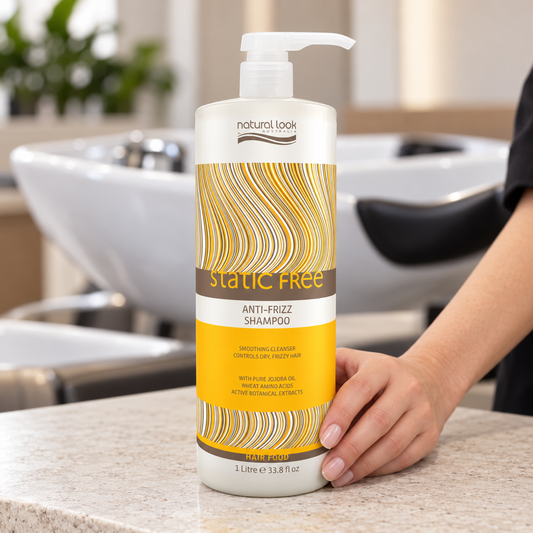 Natural Look Static Free Anti-Frizz Shampoo 1L pump bottle held beside a salon wash basin