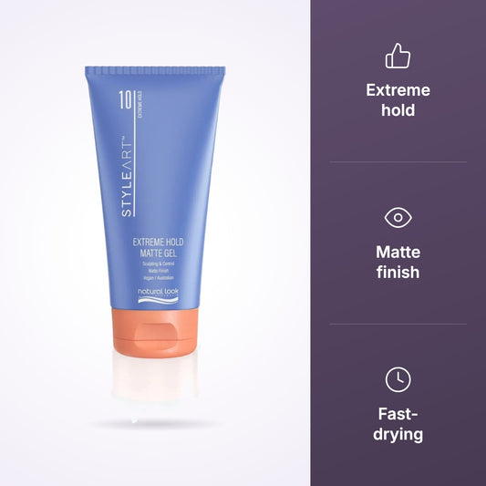 Natural Look StyleArt Extreme Hold Matte Gel features: extreme hold, matte finish, fast-drying