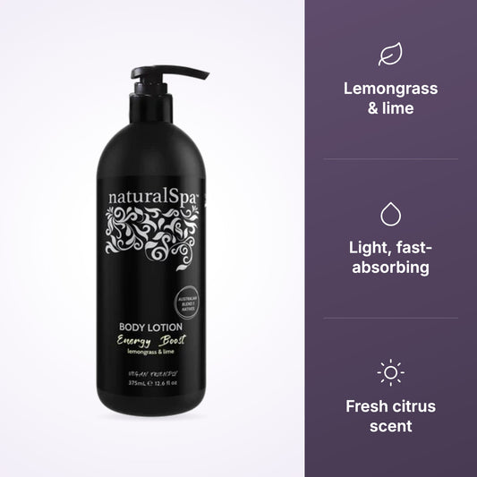 NaturalSpa Energy Boost Body Lotion with lemongrass and citrus scent icons