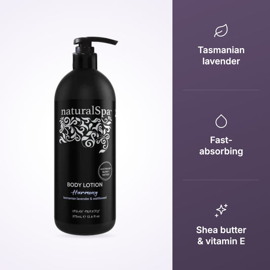 NaturalSpa Harmony Body Lotion with lavender, fast-absorbing and shea butter icons