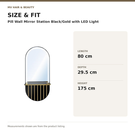 Pill Wall Mirror Station Black/Gold with LED Light dimensions: Length: 80 cm; Depth: 29.5 cm; Height: 175 cm