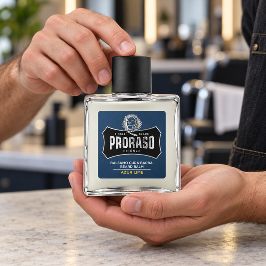 Proraso Beard Balm Azur Lime 100ml held at a barber station, showing its original container.