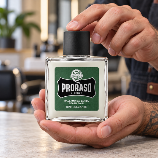 Proraso Beard Balm Refresh 100ml held at a barber station, showing its original container.