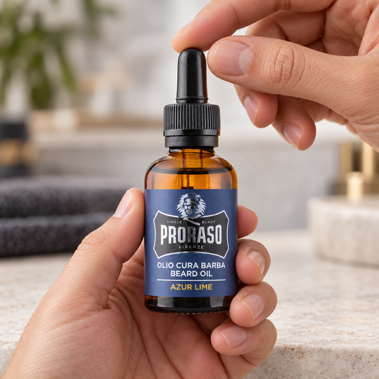 Proraso Beard Oil Azur Lime 30ml held upright, showing the dropper cap and front label.