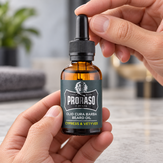 Proraso Beard Oil – Cypress & Vetyver 30ml held upright, showing the dropper cap and front label.