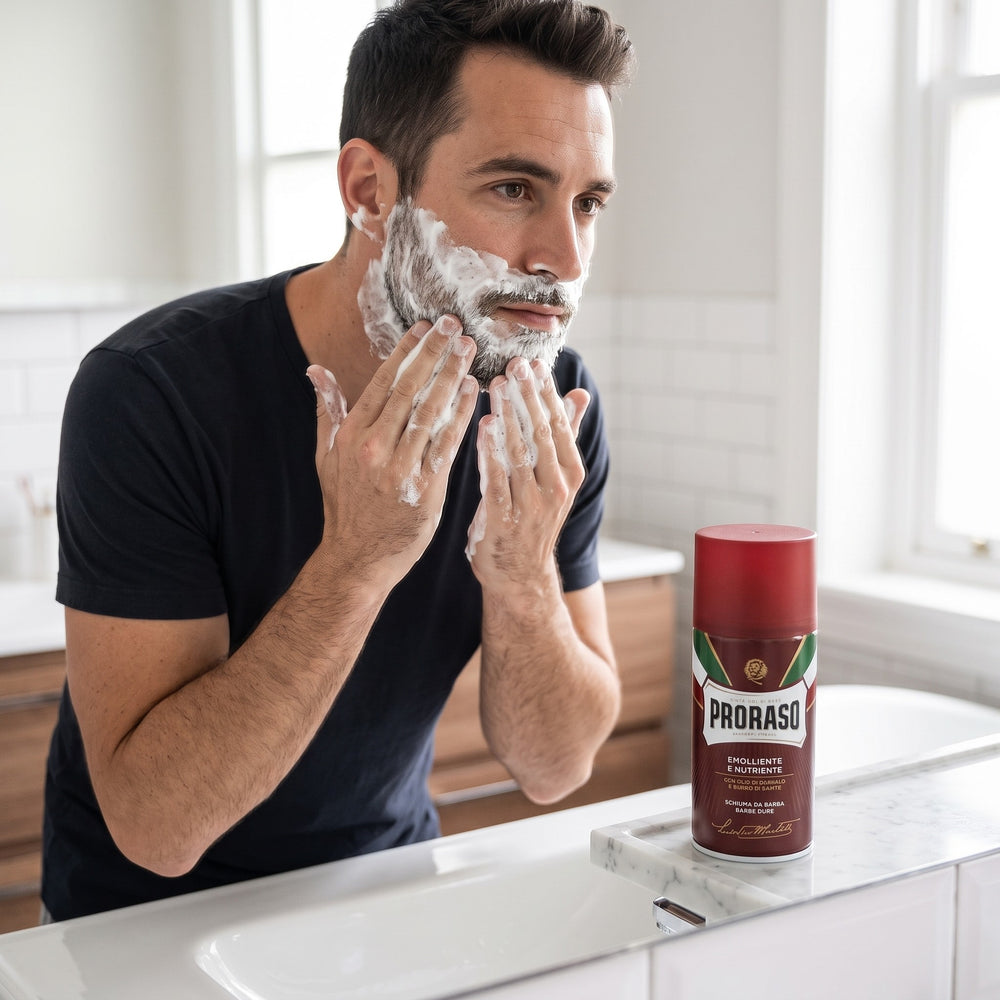 Man applying Proraso Shaving Foam Coarse Beard before shaving