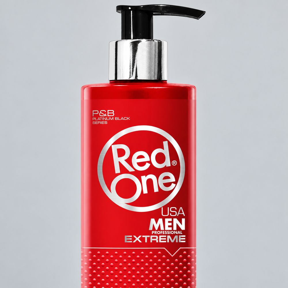 Close-up of the black pump, chrome collar and upper label on RedOne Extreme After Shave Cream Cologne 400ml.