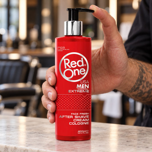 RedOne Extreme After Shave Cream Cologne 400ml held upright at a barber station, showing the pump dispenser.
