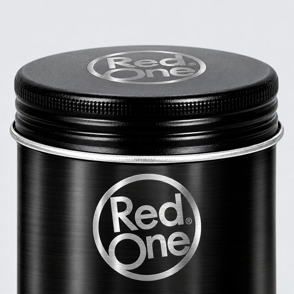 Close-up of the ribbed screw lid and metal rim on RedOne Matte Hair Wax Black 100ml.