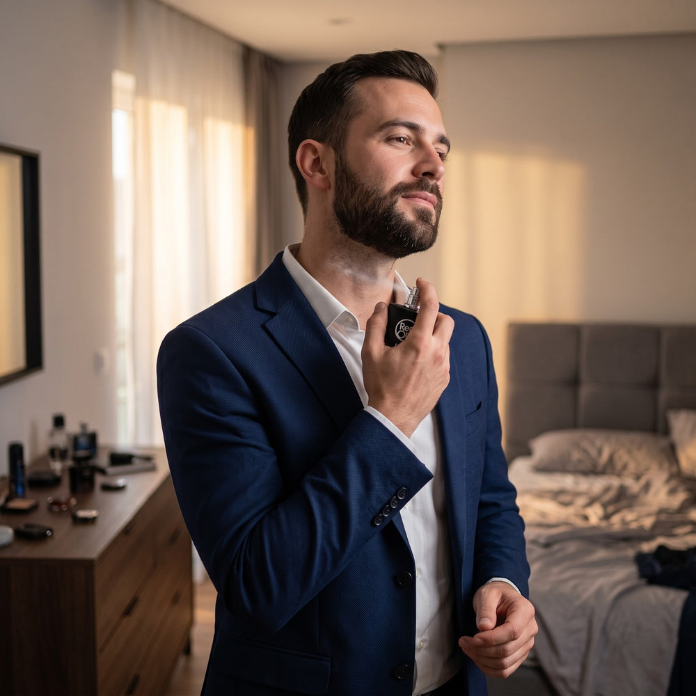 Man in a blue suit spraying RedOne PLT men's perfume onto his neck