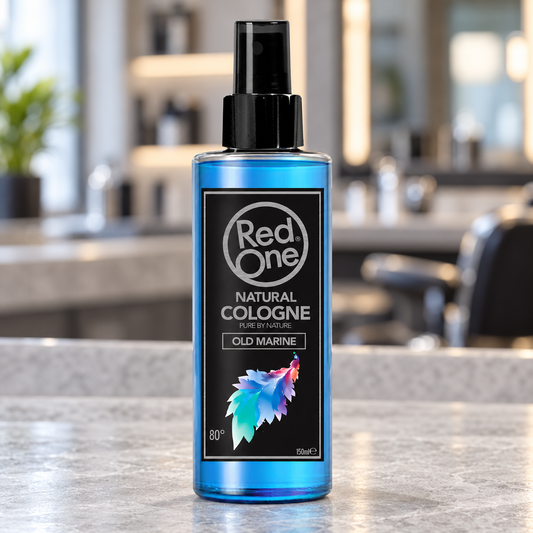 RedOne Old Marine Aftershave Cologne 150ml displayed on a light salon counter.
