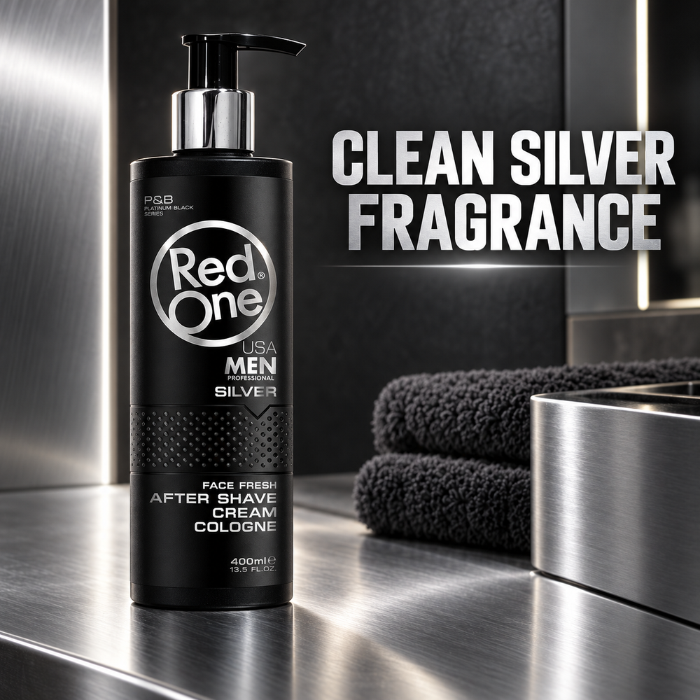 RedOne After Shave Cream Cologne Silver 400ml – clean Silver fragrance on a brushed-metal barber counter