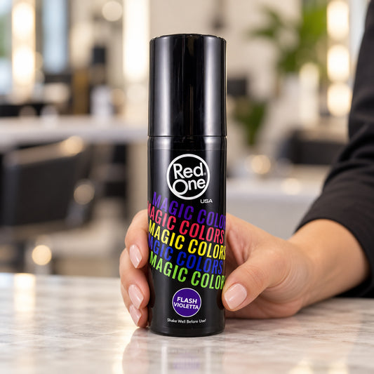 Stylist holding RedOne Magic Colors Flash Violetta 100ml capped spray in a salon