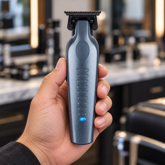 Silver Bullet Hi Octane blue trimmer held ready for detailing in a barbershop
