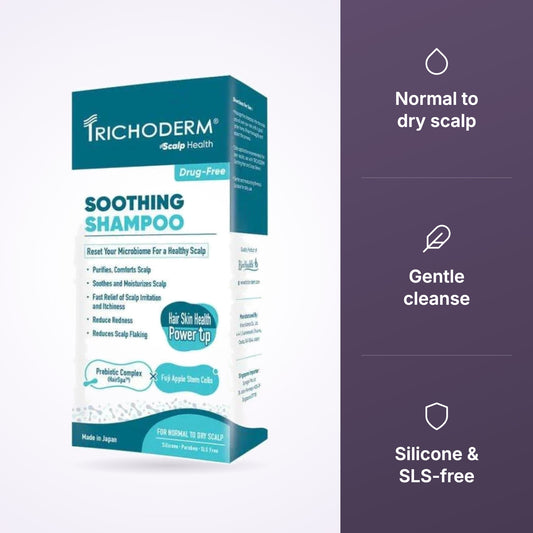 Trichoderm Soothing Shampoo for Normal to Dry Scalp 200ml key benefits infographic