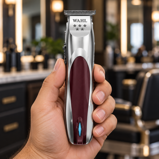 Wahl A-Lign trimmer held upright, showing the T-blade and burgundy grip