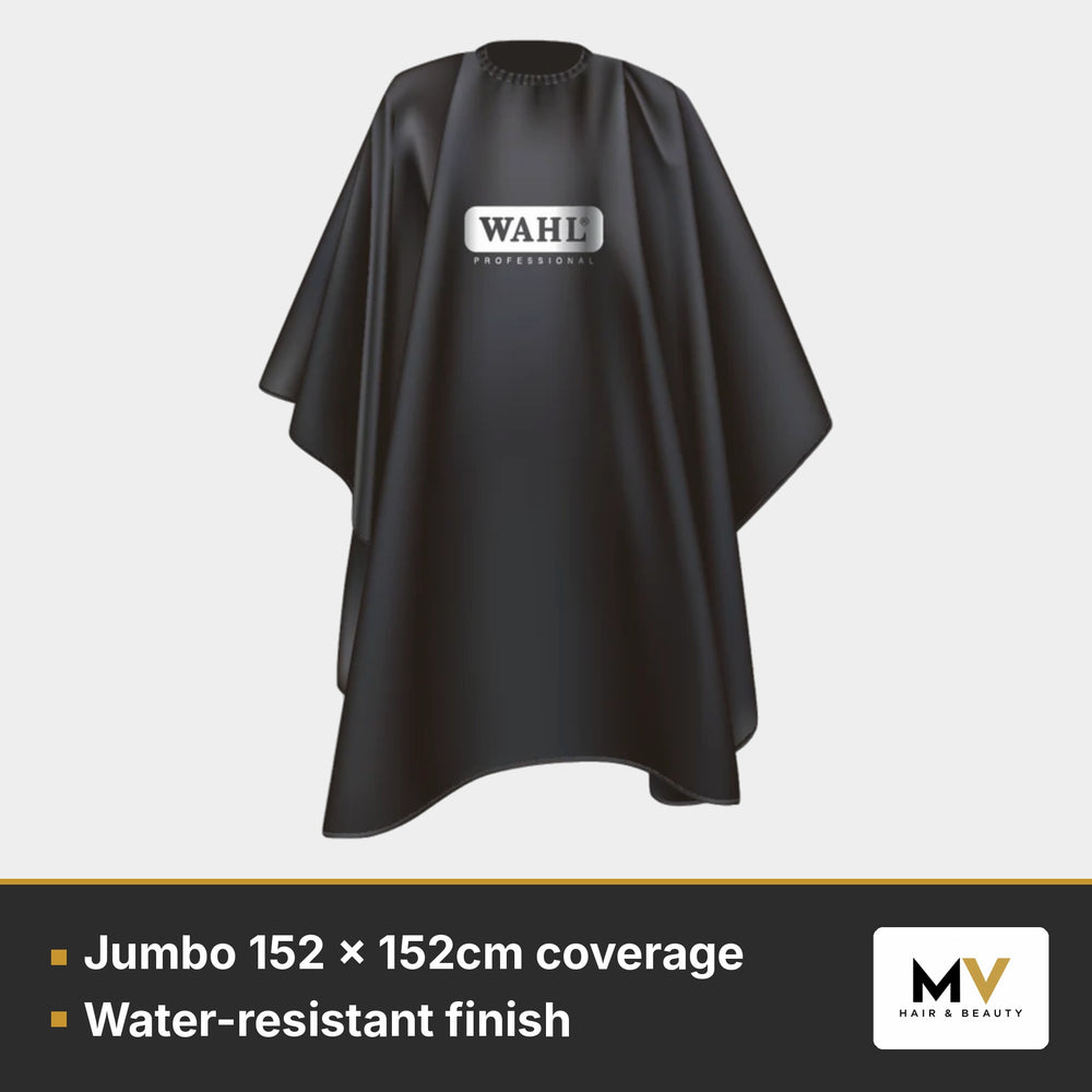 Wahl Jumbo Polyester Barber Cape – Black – Jumbo 152 x 152cm coverage, Water-resistant finish