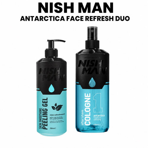 Nish Man Antarctica Face Refresh Duo with Peeling Gel 200ml and After Shave Antarctica 400ml on white