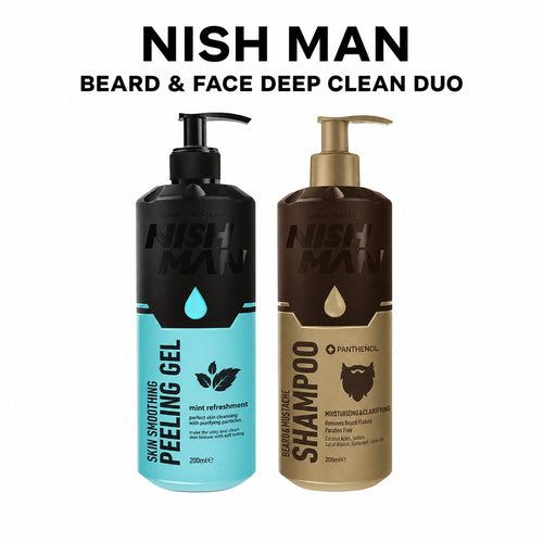 Nish Man Beard and Face Deep Clean Duo with Peeling Gel 200ml and Beard and Mustache Shampoo 200ml on white