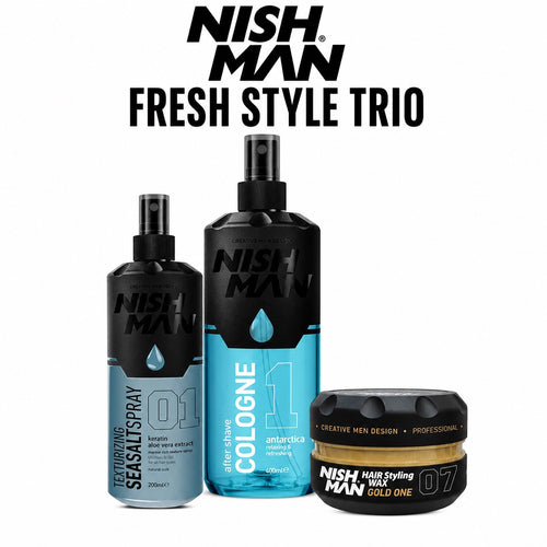 Nish Man Fresh Style Trio with Aqua Wax 07 Gold One, After Shave Antarctica 400ml and Sea Salt Spray 200ml on white