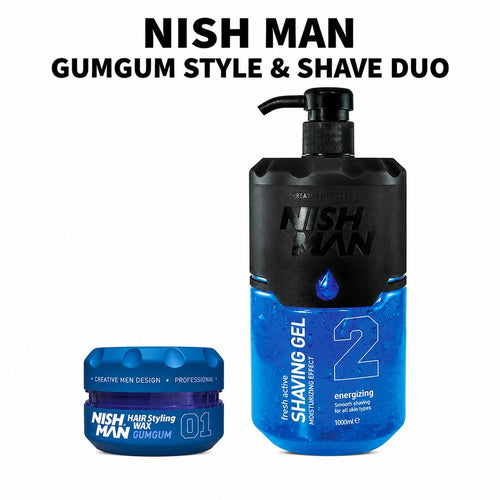 Nish Man GumGum Style and Shave Duo with Aqua Wax 01 GumGum and Shaving Gel Blue 1000ml on white