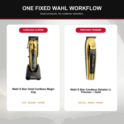 Wahl Gold Cordless Cutting Duo feature overview showing Wahl 5 Star Gold Cordless Magic Clip and Wahl 5 Star Cordless Detailer Li Trimmer – Gold