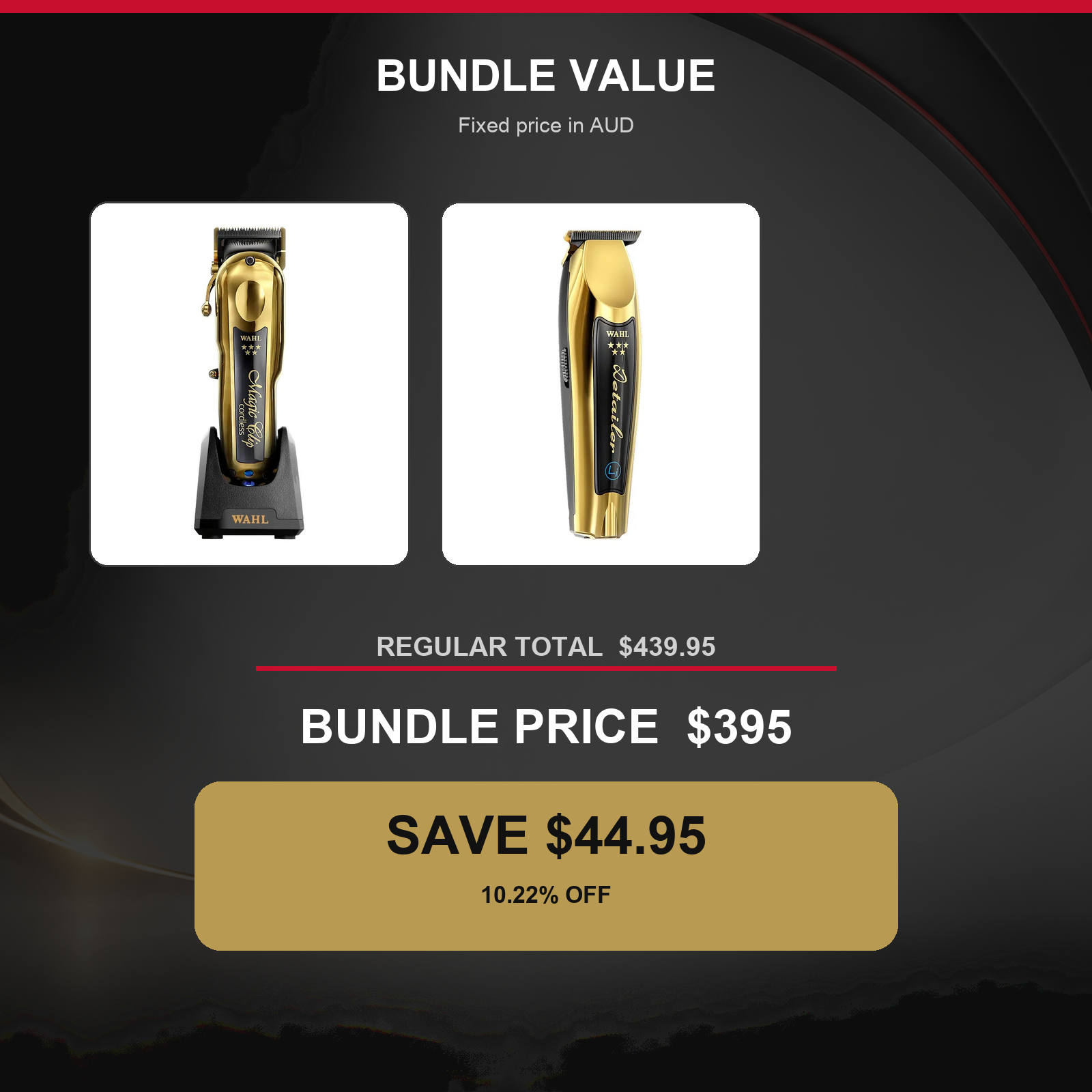 Wahl Gold Cordless Cutting Duo value graphic showing $44.95 AUD savings