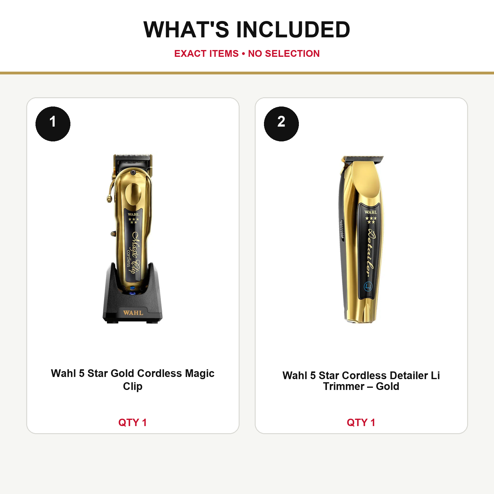 Wahl Gold Cordless Cutting Duo what’s included: one Wahl 5 Star Gold Cordless Magic Clip, one Wahl 5 Star Cordless Detailer Li Trimmer – Gold