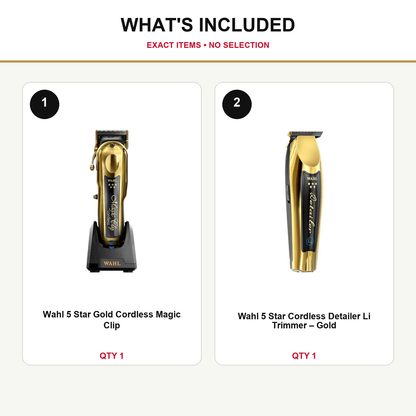 Wahl Gold Cordless Cutting Duo what’s included: one Wahl 5 Star Gold Cordless Magic Clip, one Wahl 5 Star Cordless Detailer Li Trimmer – Gold