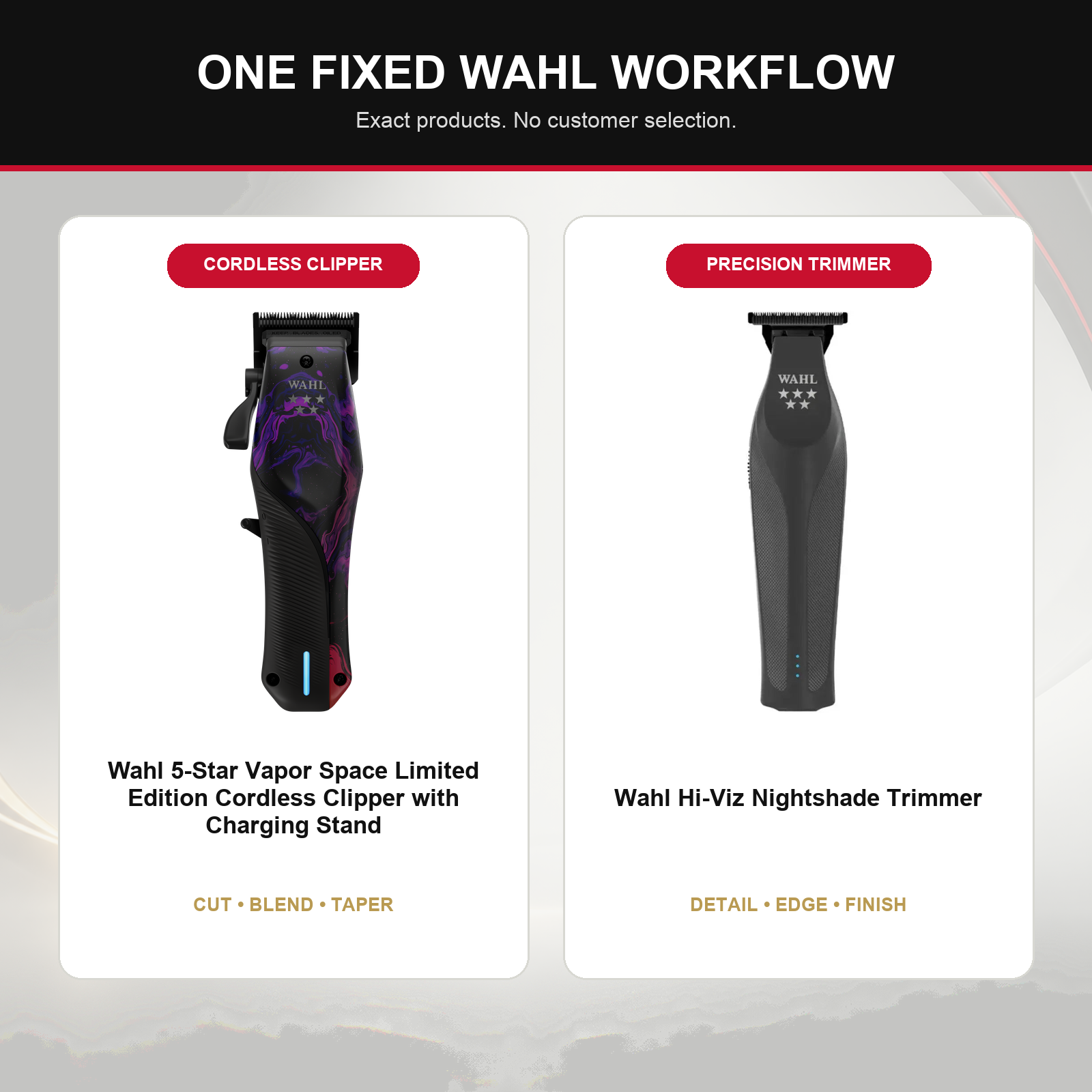 Wahl Vapor Space + Hi-Viz Nightshade Duo feature overview showing Wahl 5-Star Vapor Space Limited Edition Cordless Clipper with Charging Stand and Wahl Hi-Viz Nightshade Trimmer