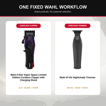 Wahl Vapor Space + Hi-Viz Nightshade Duo feature overview showing Wahl 5-Star Vapor Space Limited Edition Cordless Clipper with Charging Stand and Wahl Hi-Viz Nightshade Trimmer