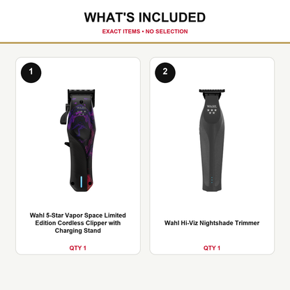 Wahl Vapor Space + Hi-Viz Nightshade Duo what’s included: one Wahl 5-Star Vapor Space Limited Edition Cordless Clipper with Charging Stand, one Wahl Hi-Viz Nightshade Trimmer