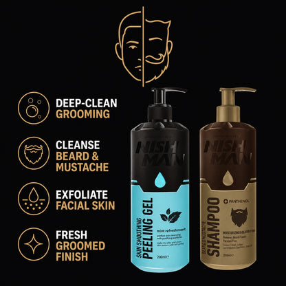 Nish Man Beard and Face Deep Clean Duo benefits for beard cleansing and facial exfoliation
