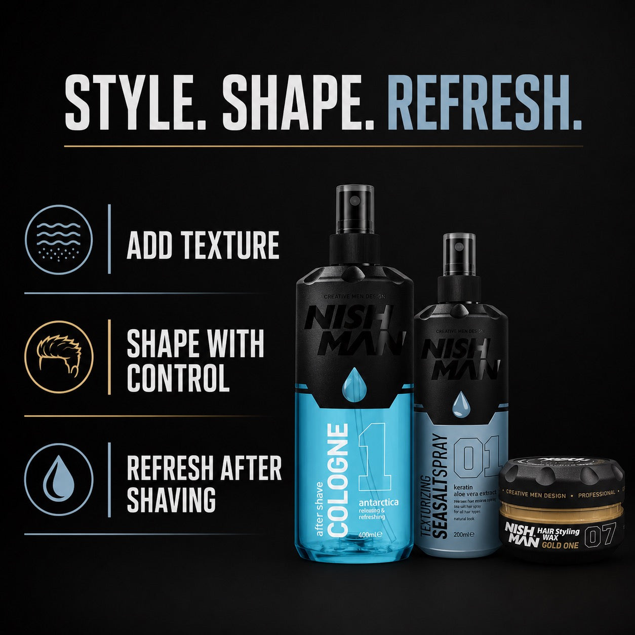 Nish Man Fresh Style Trio benefits for texture, controlled styling and post-shave refreshment
