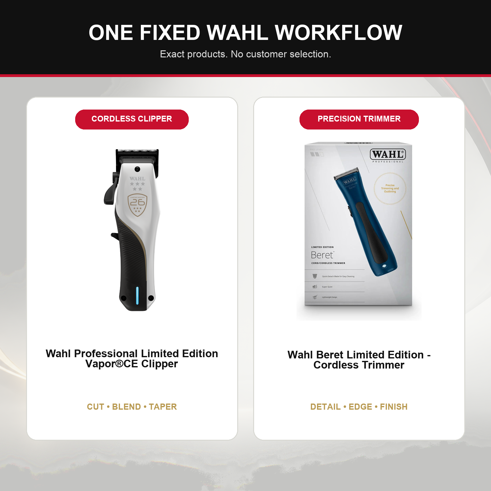 Wahl Vapor CE + Limited Edition Beret Duo feature overview showing Wahl Professional Limited Edition Vapor®CE Clipper and Wahl Beret Limited Edition - Cordless Trimmer