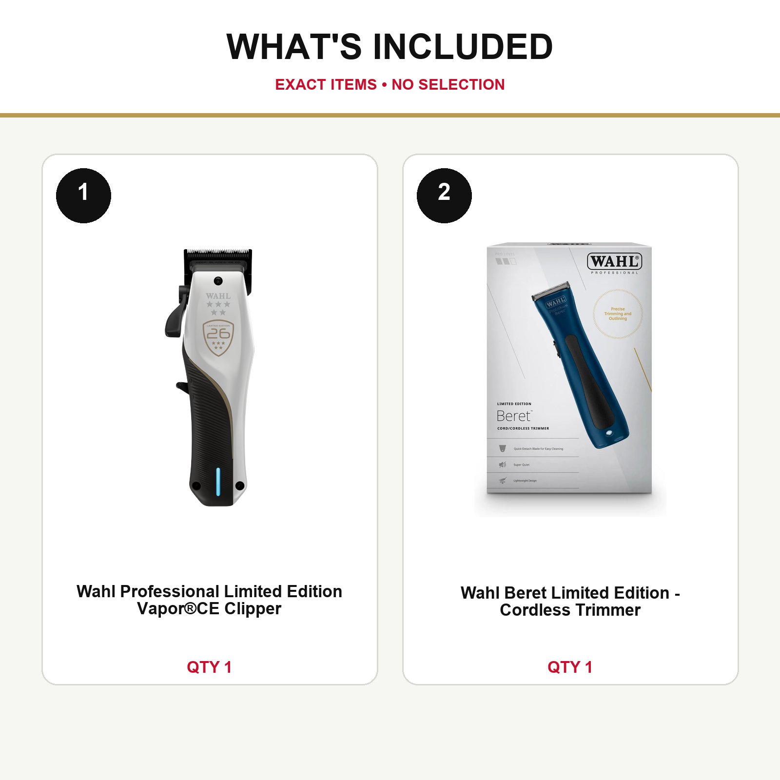 Wahl Vapor CE + Limited Edition Beret Duo what’s included: one Wahl Professional Limited Edition Vapor®CE Clipper, one Wahl Beret Limited Edition - Cordless Trimmer