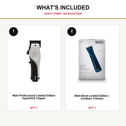 Wahl Vapor CE + Limited Edition Beret Duo what’s included: one Wahl Professional Limited Edition Vapor®CE Clipper, one Wahl Beret Limited Edition - Cordless Trimmer