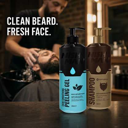 Nish Man Beard and Face Deep Clean Duo at a professional beard-grooming station