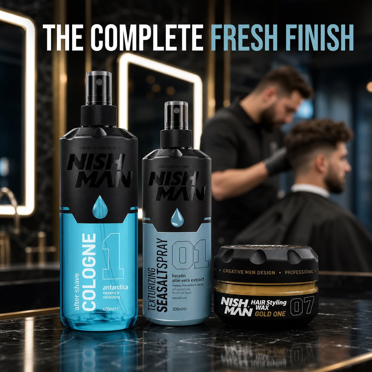 Nish Man Fresh Style Trio displayed on a premium barber counter