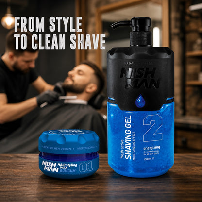 Nish Man GumGum Style and Shave Duo on a professional barber bench