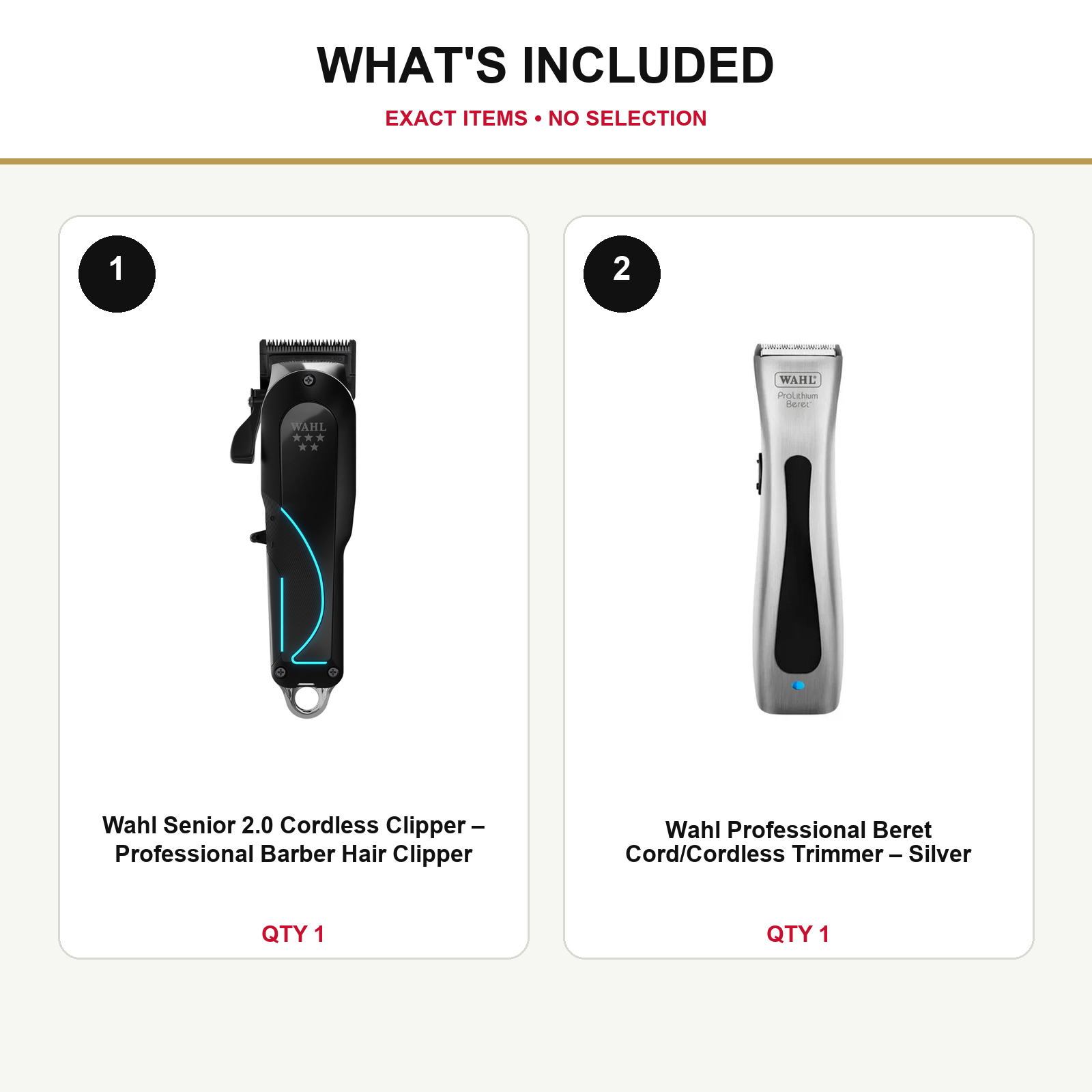 Wahl Senior 2.0 + Silver Beret Duo what’s included: one Wahl Senior 2.0 Cordless Clipper – Professional Barber Hair Clipper, one Wahl Professional Beret Cord/Cordless Trimmer – Silver